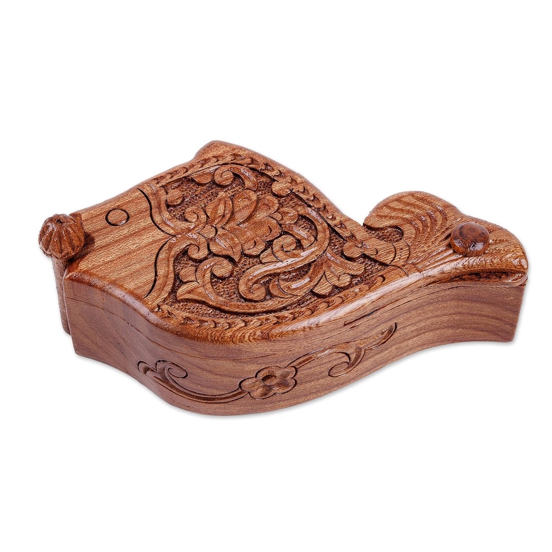 Traditional Polished Fish-Shaped Elm Tree Wood Puzzle Box - Luxurious Waters