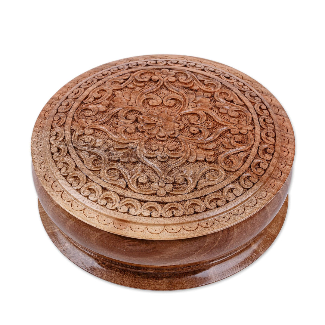 Hand-Carved Traditional Floral Round Walnut Wood Jewelry Box - Circle of Tradition