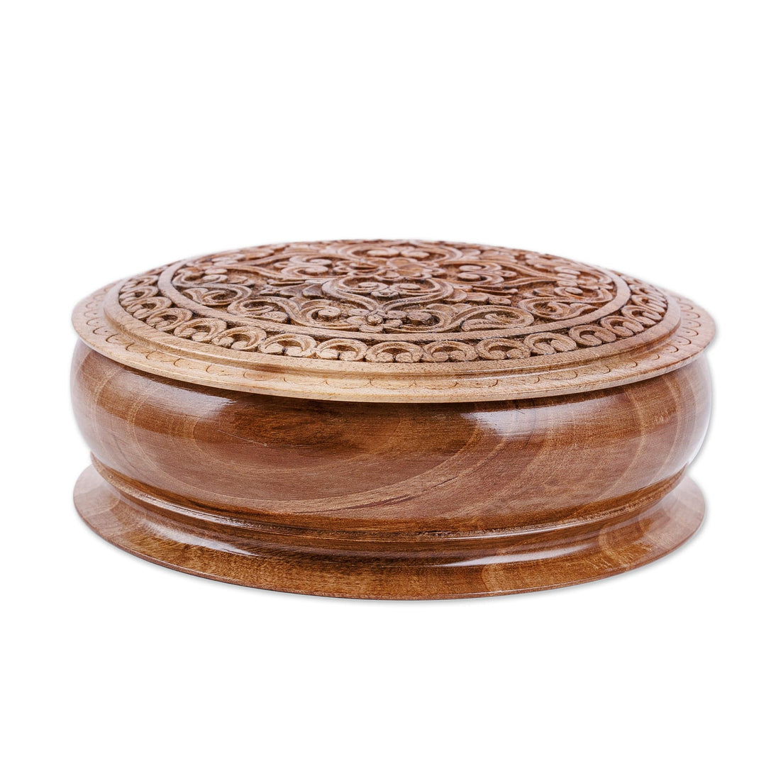 Hand-Carved Traditional Floral Round Walnut Wood Jewelry Box - Circle of Tradition