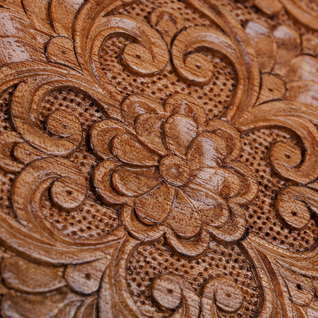 Hand-Carved Traditional Floral Round Walnut Wood Jewelry Box - Circle of Tradition