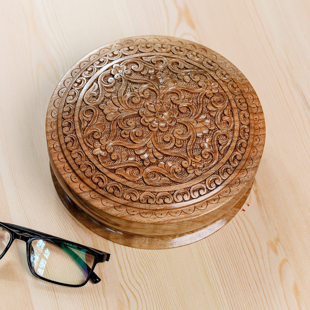 Hand-Carved Traditional Floral Round Walnut Wood Jewelry Box - Circle of Tradition