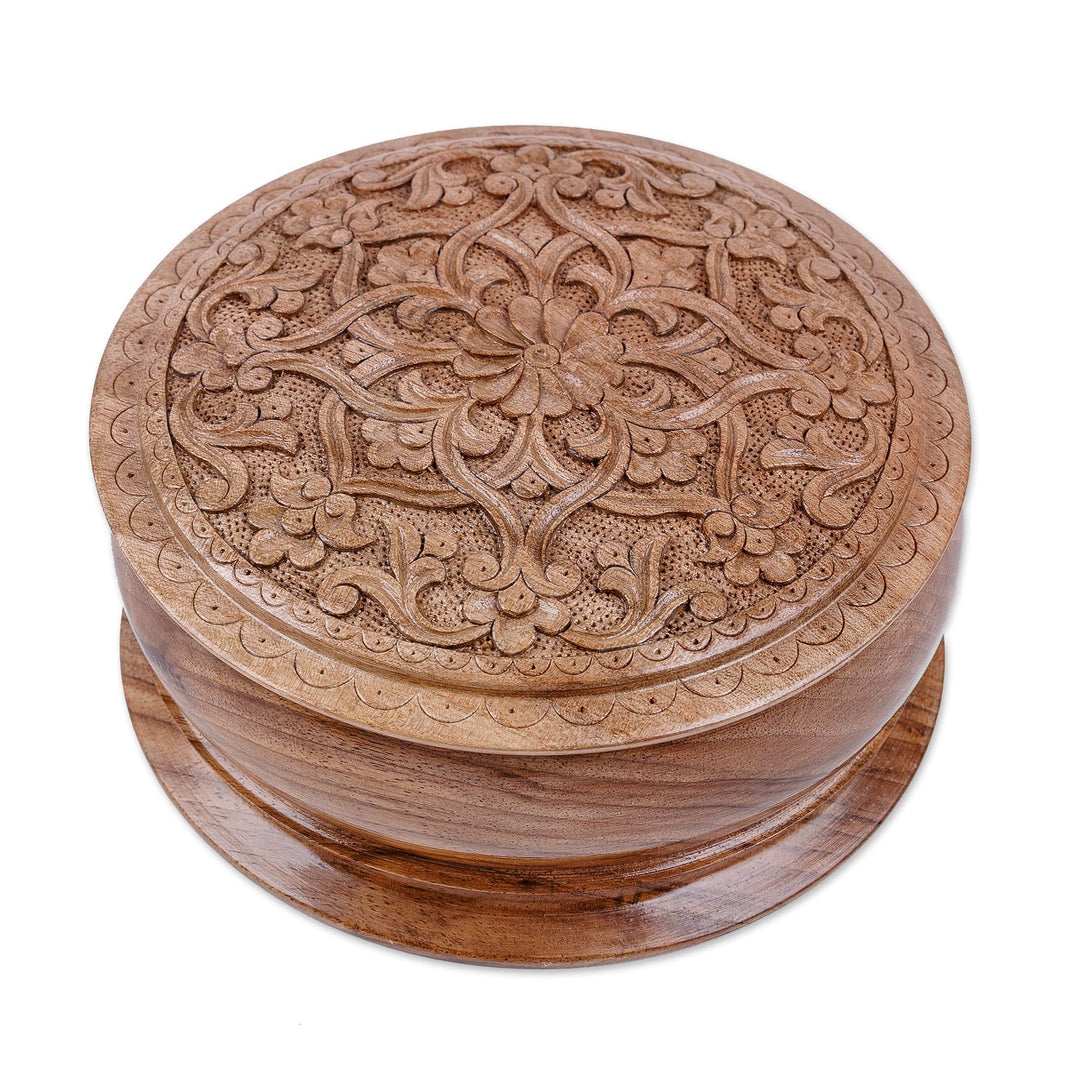 Classic Floral Round Walnut Wood Jewelry Box from Uzbekistan - Middle East Bloom