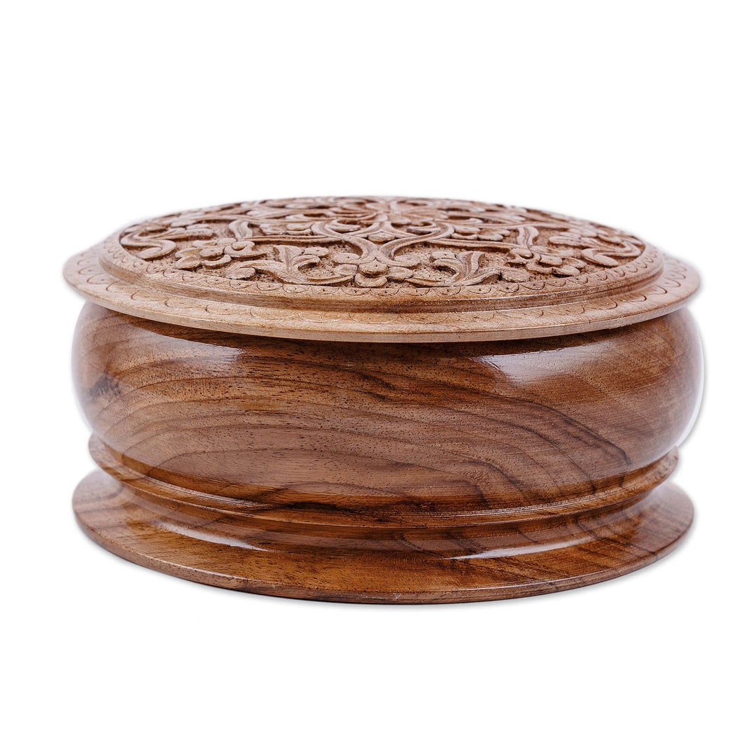 Classic Floral Round Walnut Wood Jewelry Box from Uzbekistan - Middle East Bloom