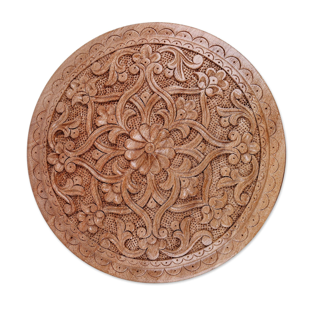 Classic Floral Round Walnut Wood Jewelry Box from Uzbekistan - Middle East Bloom