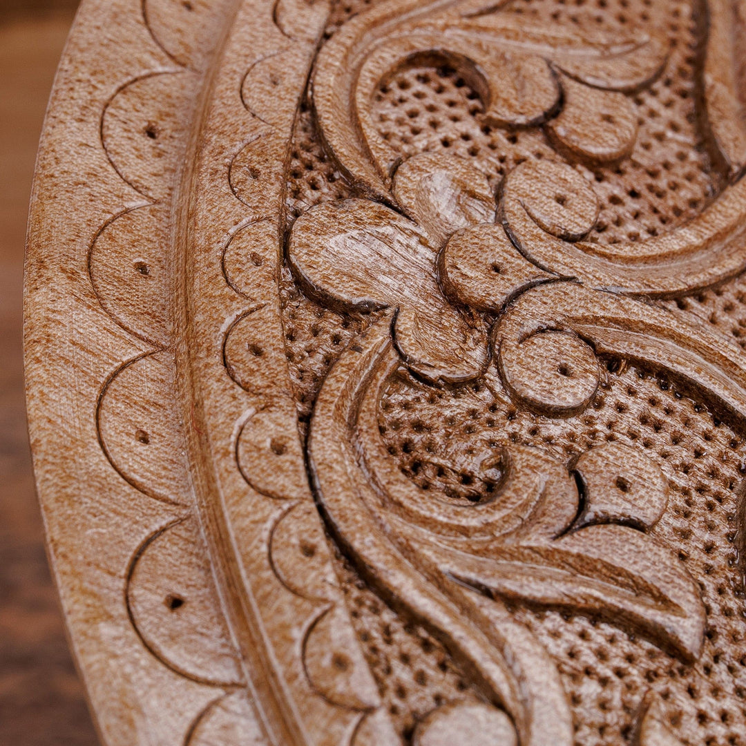 Classic Floral Round Walnut Wood Jewelry Box from Uzbekistan - Middle East Bloom