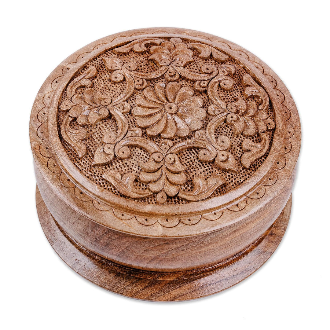 Handcrafted Round Walnut Wood Jewelry Box with Floral Motifs - Eden's Vision
