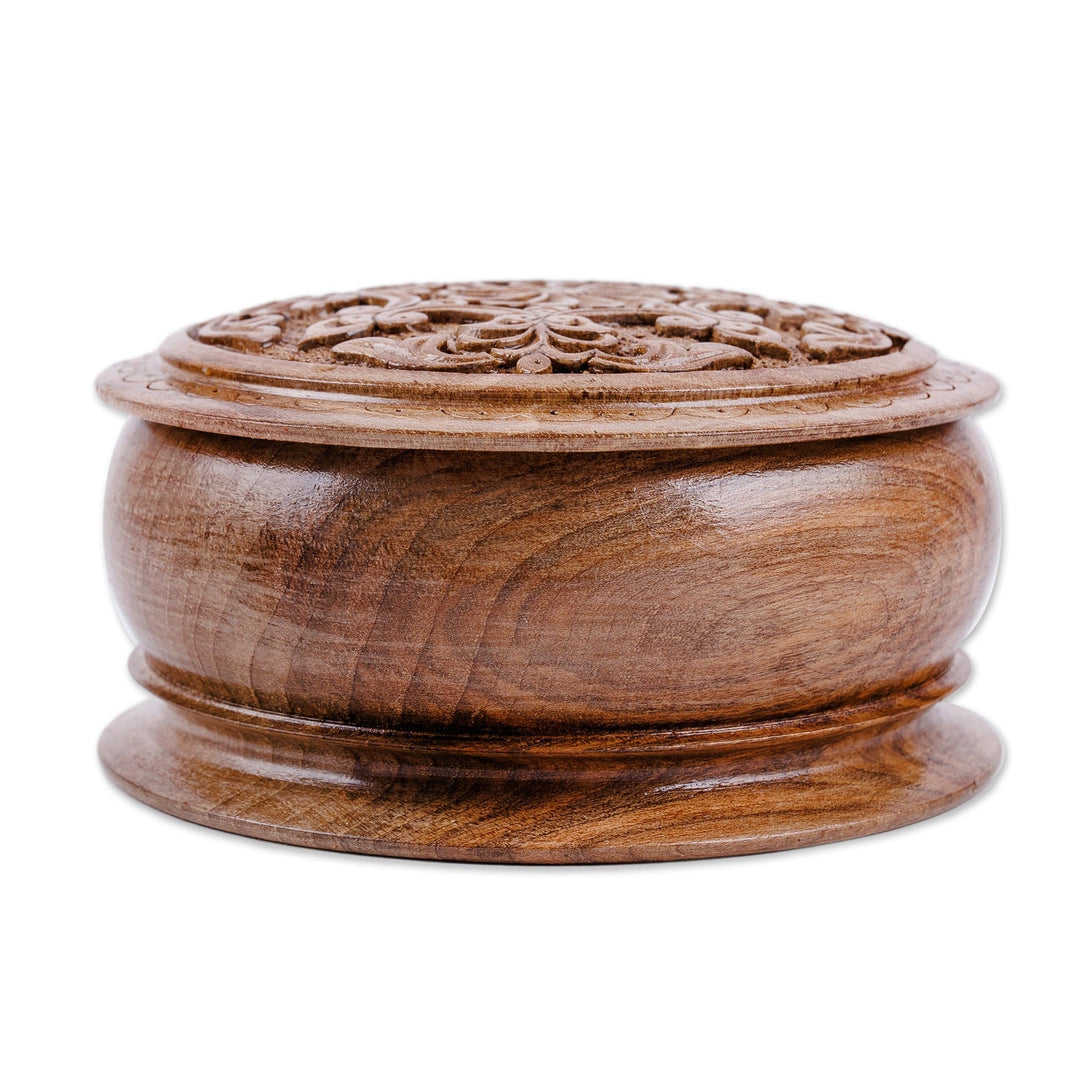 Handcrafted Round Walnut Wood Jewelry Box with Floral Motifs - Eden's Vision