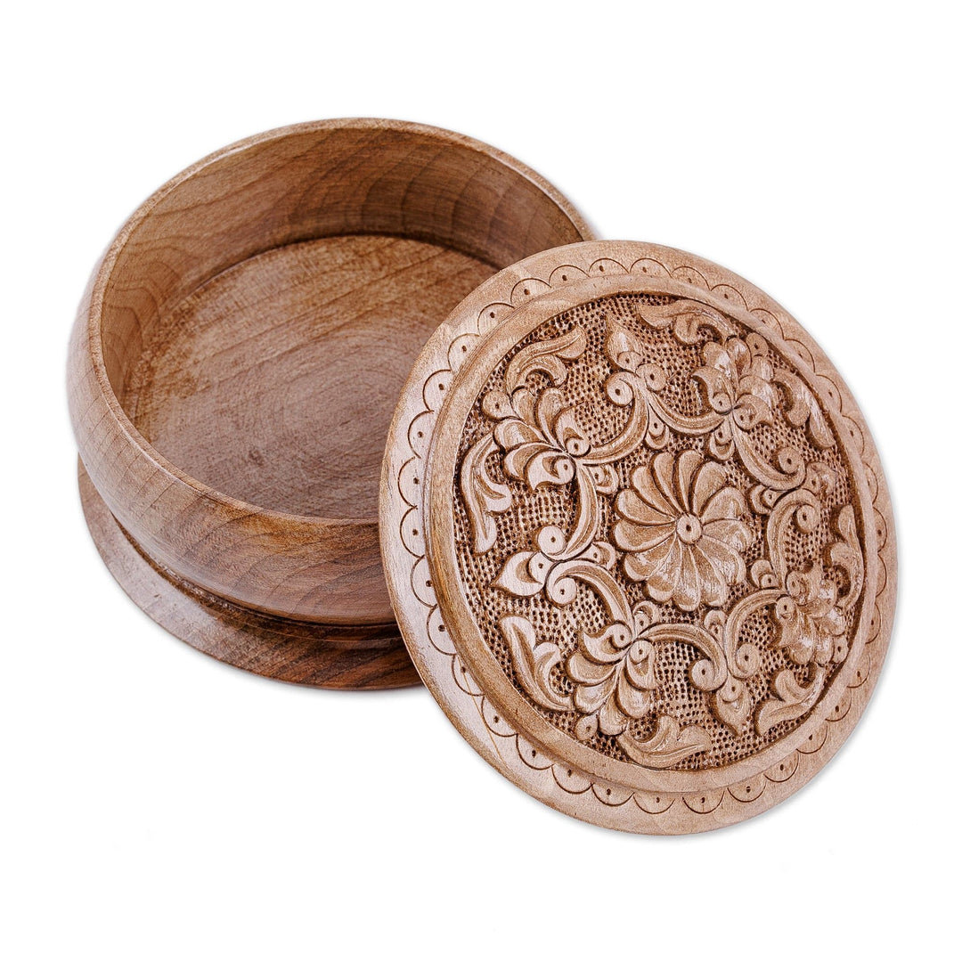 Handcrafted Round Walnut Wood Jewelry Box with Floral Motifs - Eden's Vision