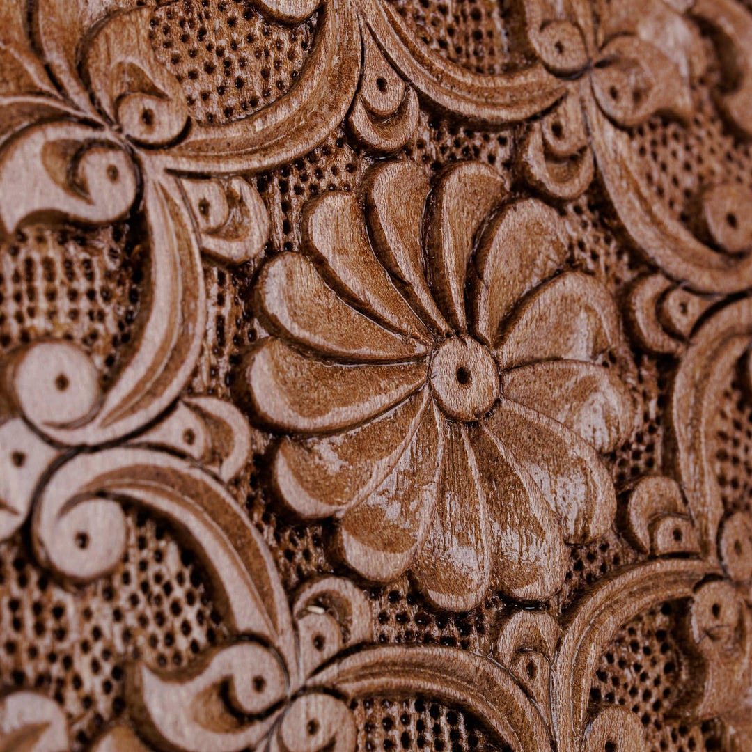 Handcrafted Round Walnut Wood Jewelry Box with Floral Motifs - Eden's Vision