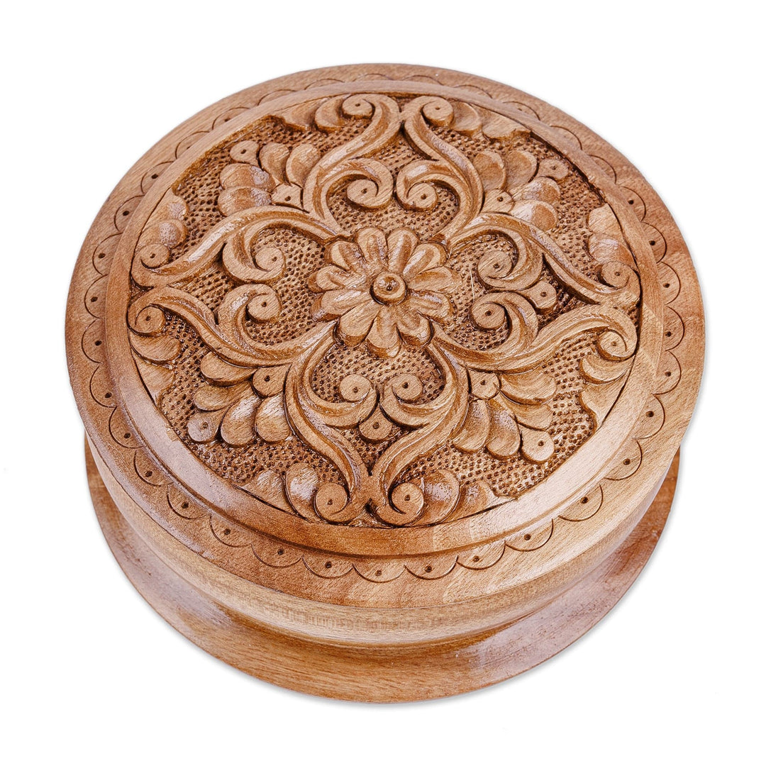 Hand-Carved Round Walnut Wood Jewelry Box with Floral Motifs - Arcadia's Vision