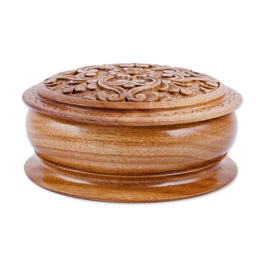 Hand-Carved Round Walnut Wood Jewelry Box with Floral Motifs - Arcadia's Vision