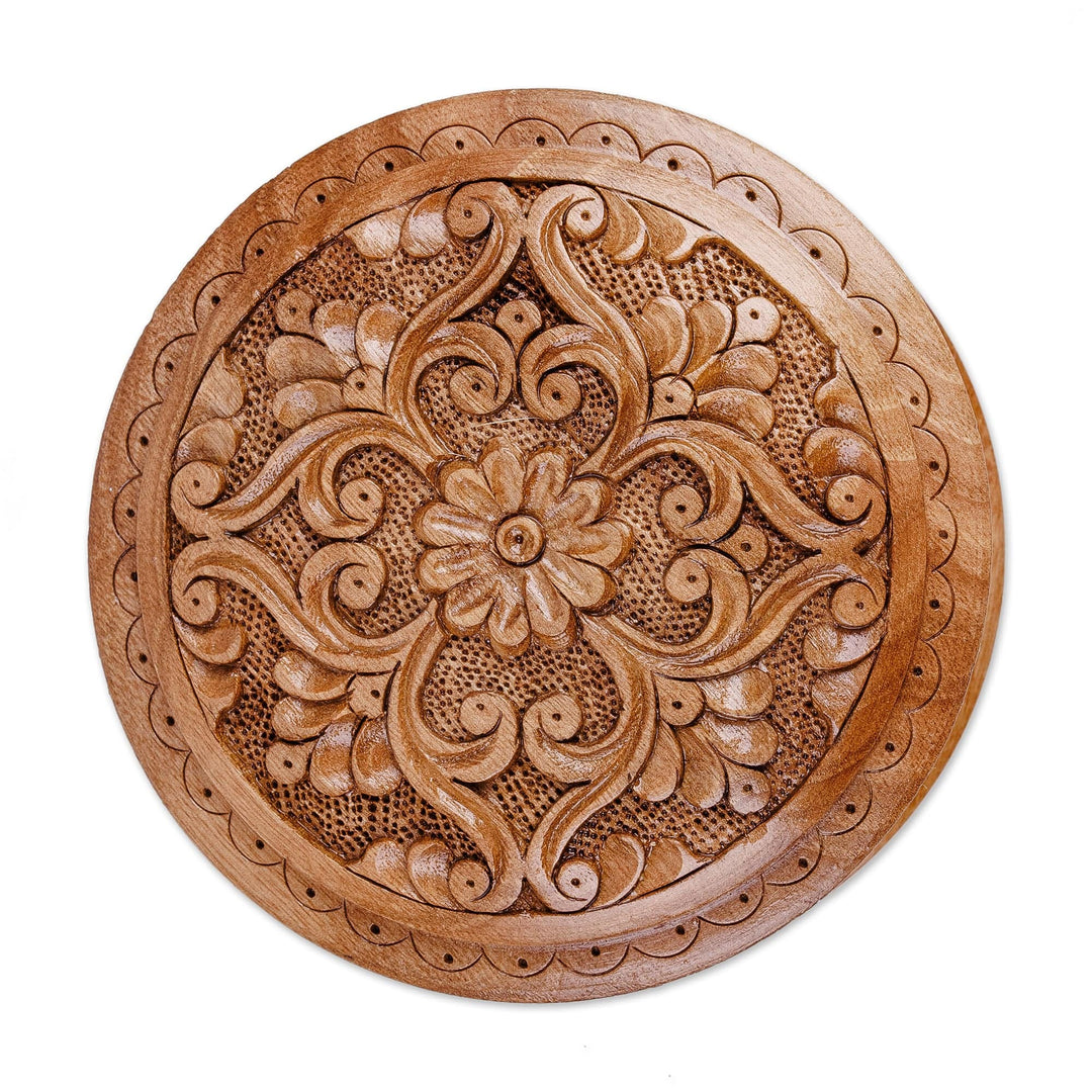 Hand-Carved Round Walnut Wood Jewelry Box with Floral Motifs - Arcadia's Vision