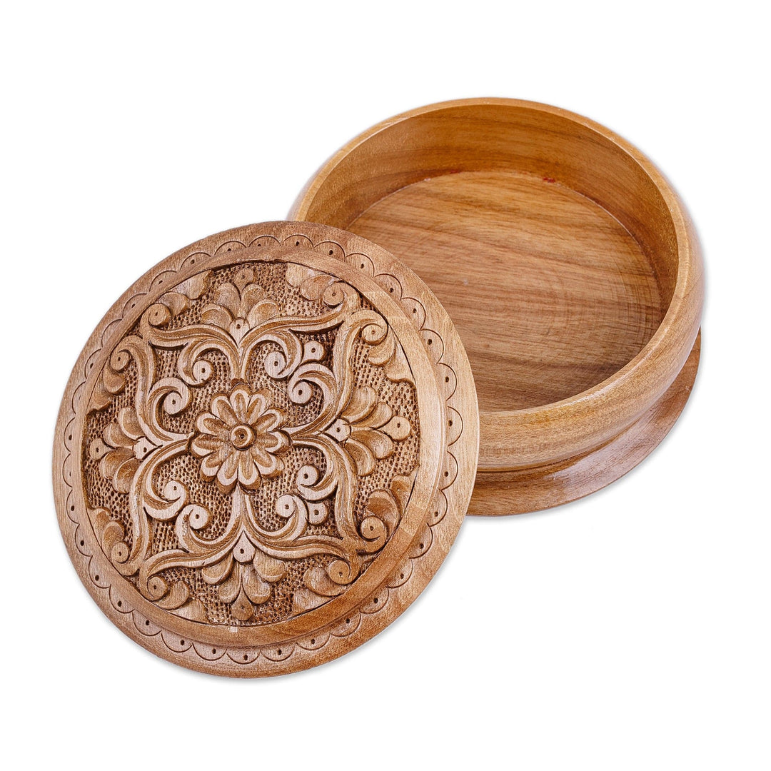 Hand-Carved Round Walnut Wood Jewelry Box with Floral Motifs - Arcadia's Vision