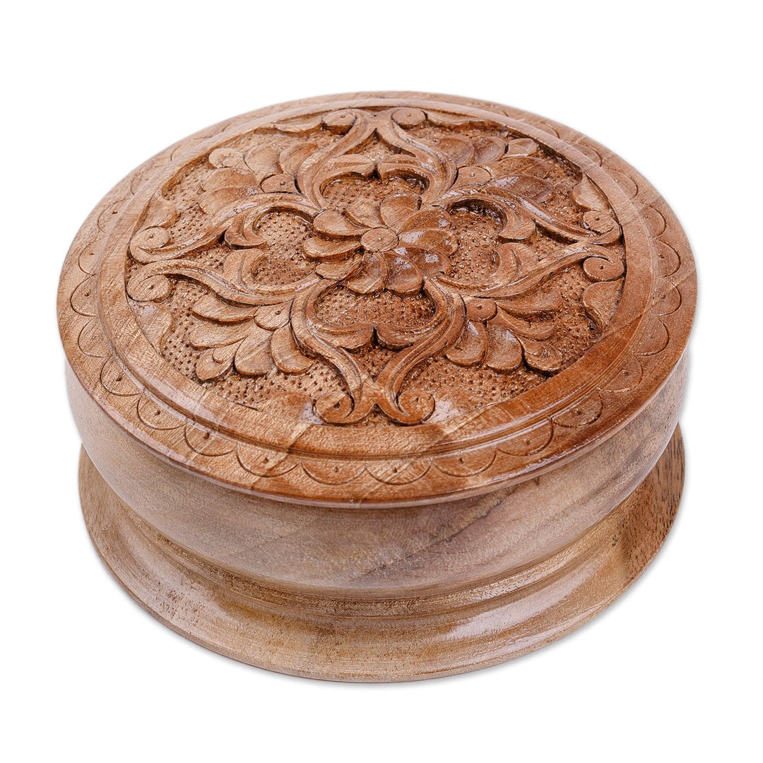Traditional Hand-Carved Floral Round Walnut Wood Jewelry Box - In Paradise