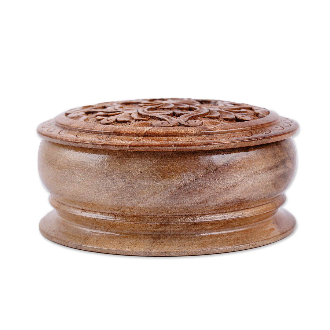 Traditional Hand-Carved Floral Round Walnut Wood Jewelry Box - In Paradise