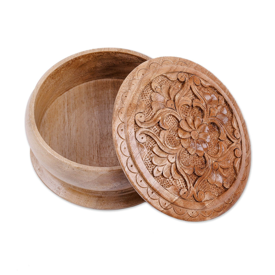 Traditional Hand-Carved Floral Round Walnut Wood Jewelry Box - In Paradise