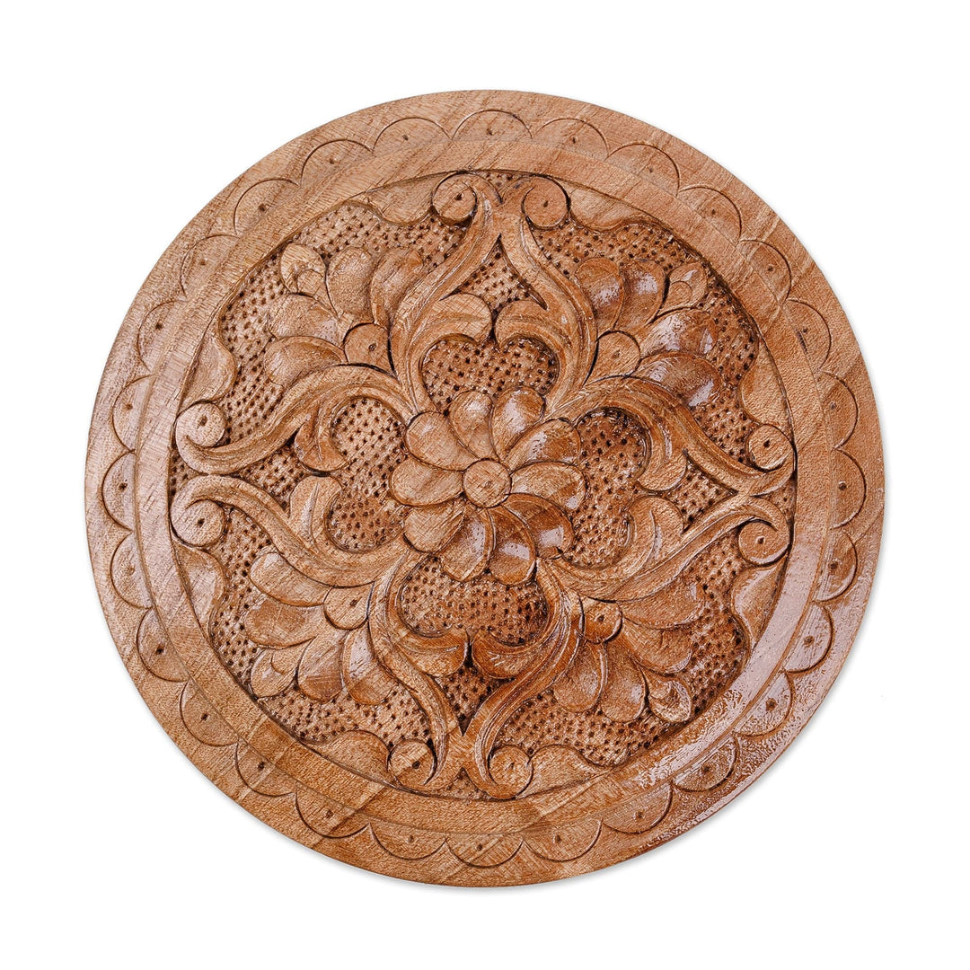 Traditional Hand-Carved Floral Round Walnut Wood Jewelry Box - In Paradise