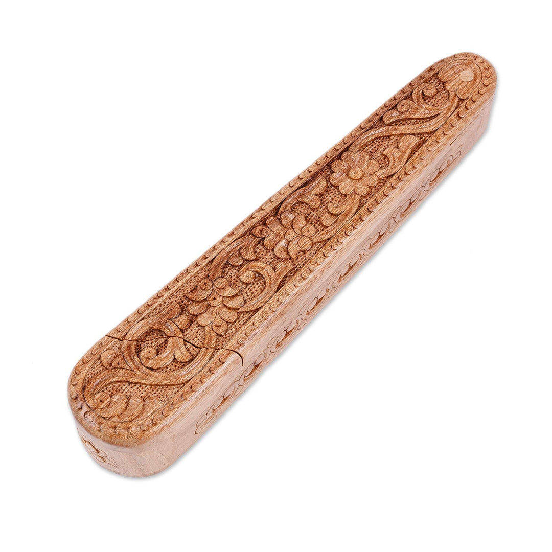 Traditional Floral Oblong-Shaped Elm Tree Wood Puzzle Box - Oblong Spring