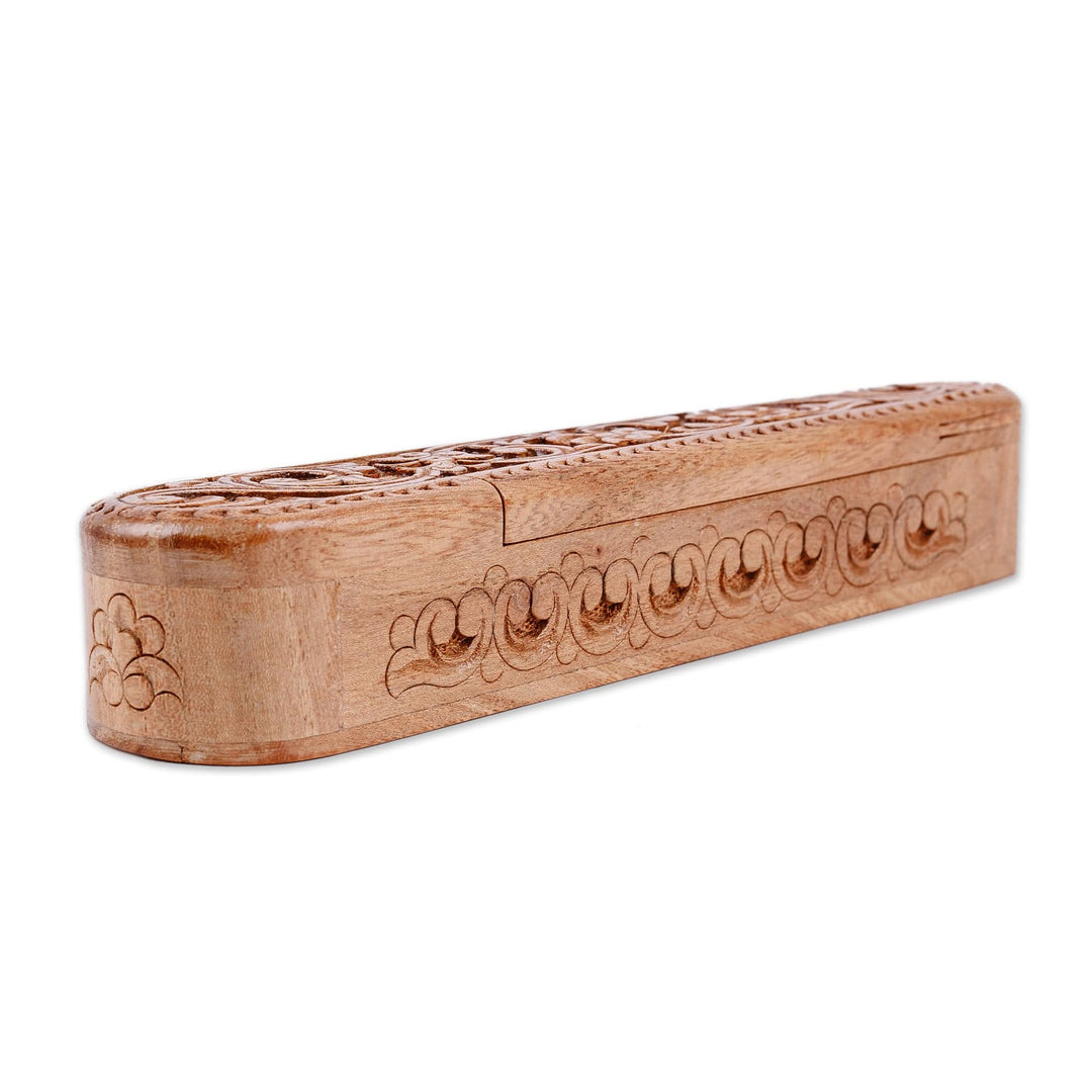 Traditional Floral Oblong-Shaped Elm Tree Wood Puzzle Box - Oblong Spring