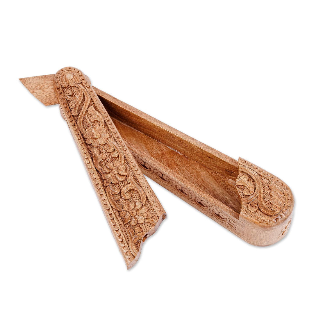 Traditional Floral Oblong-Shaped Elm Tree Wood Puzzle Box - Oblong Spring
