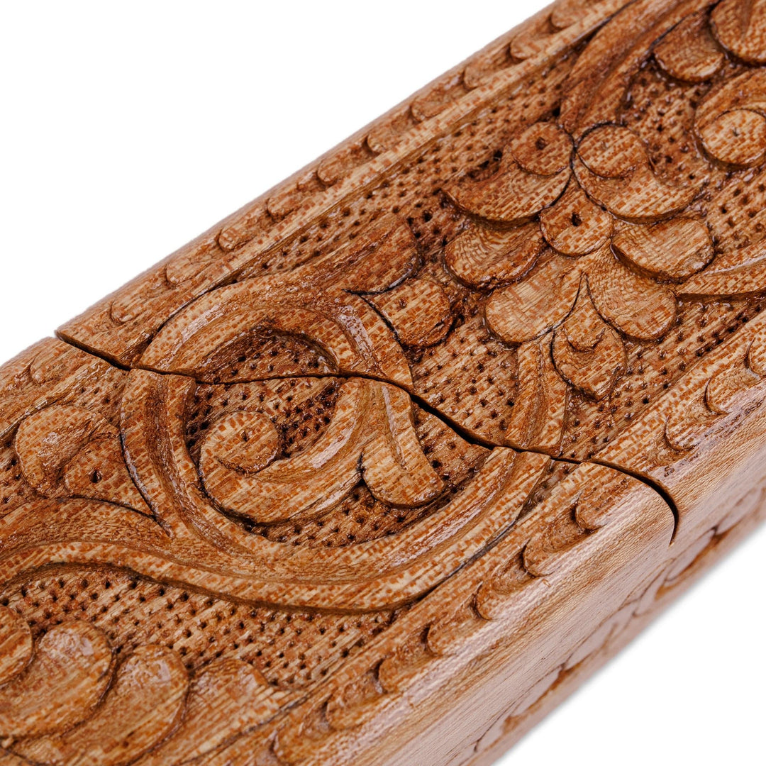 Traditional Floral Oblong-Shaped Elm Tree Wood Puzzle Box - Oblong Spring