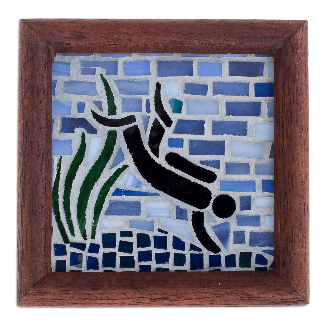 Scuba Diver-Themed Teak Wood and Glass Mosaic Wall Accent - Ultramarine Mosaic