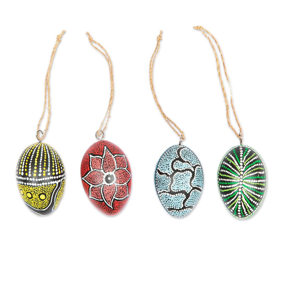 Set of 4 Oval Wood Ornaments Hand-Carved and Painted in Bali - Colors of the Earth