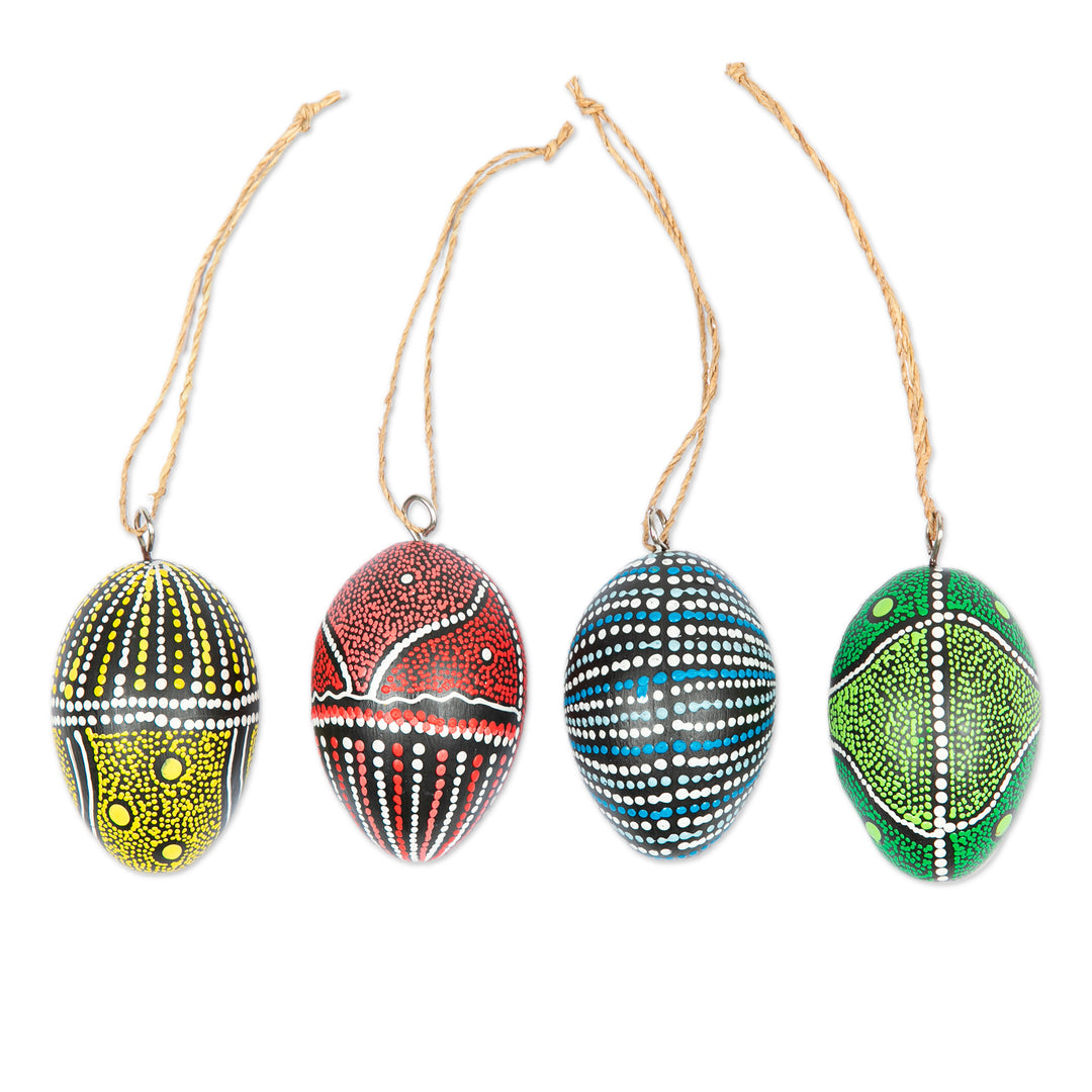 Set of 4 Oval Wood Ornaments Hand-Carved and Painted in Bali - Colors of the Earth