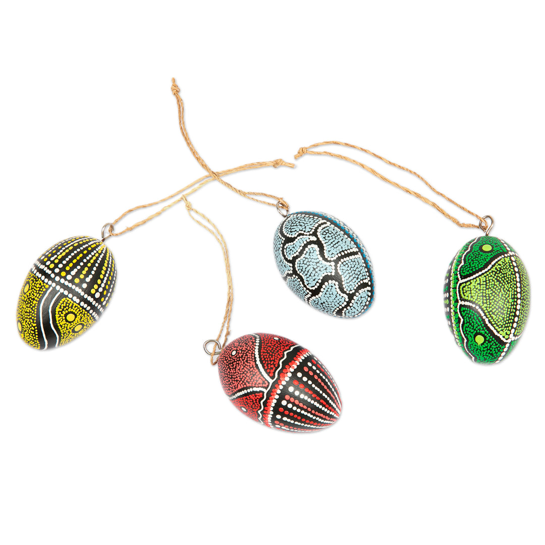Set of 4 Oval Wood Ornaments Hand-Carved and Painted in Bali - Colors of the Earth