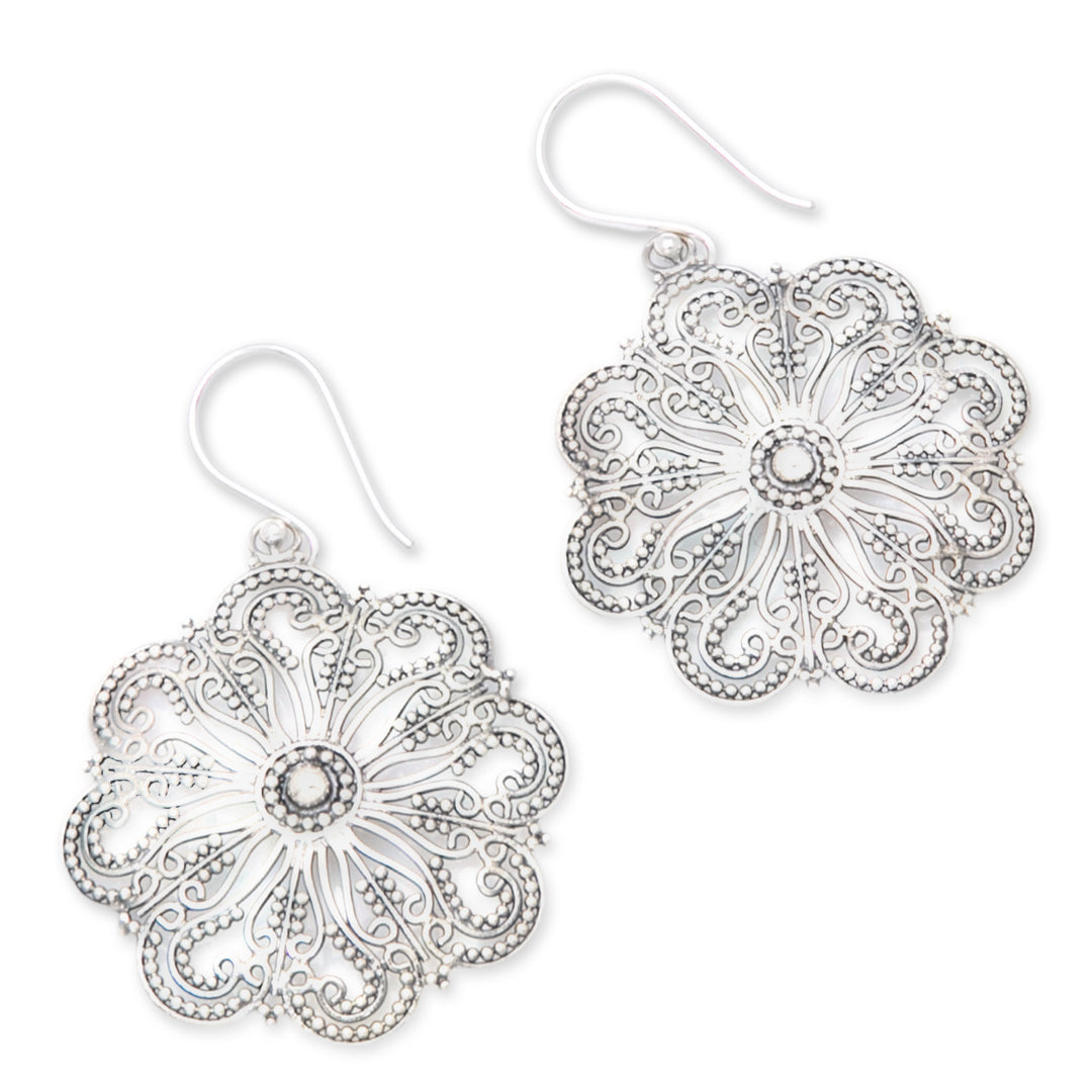 Polished Floral Sterling Silver Filigree Dangle Earrings - Spring Fate