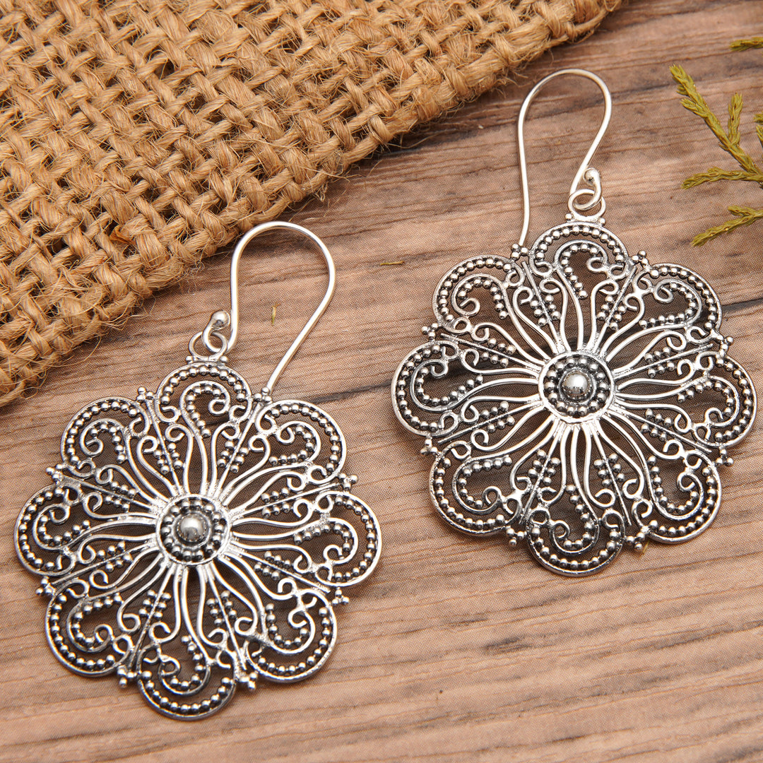 Polished Floral Sterling Silver Filigree Dangle Earrings - Spring Fate
