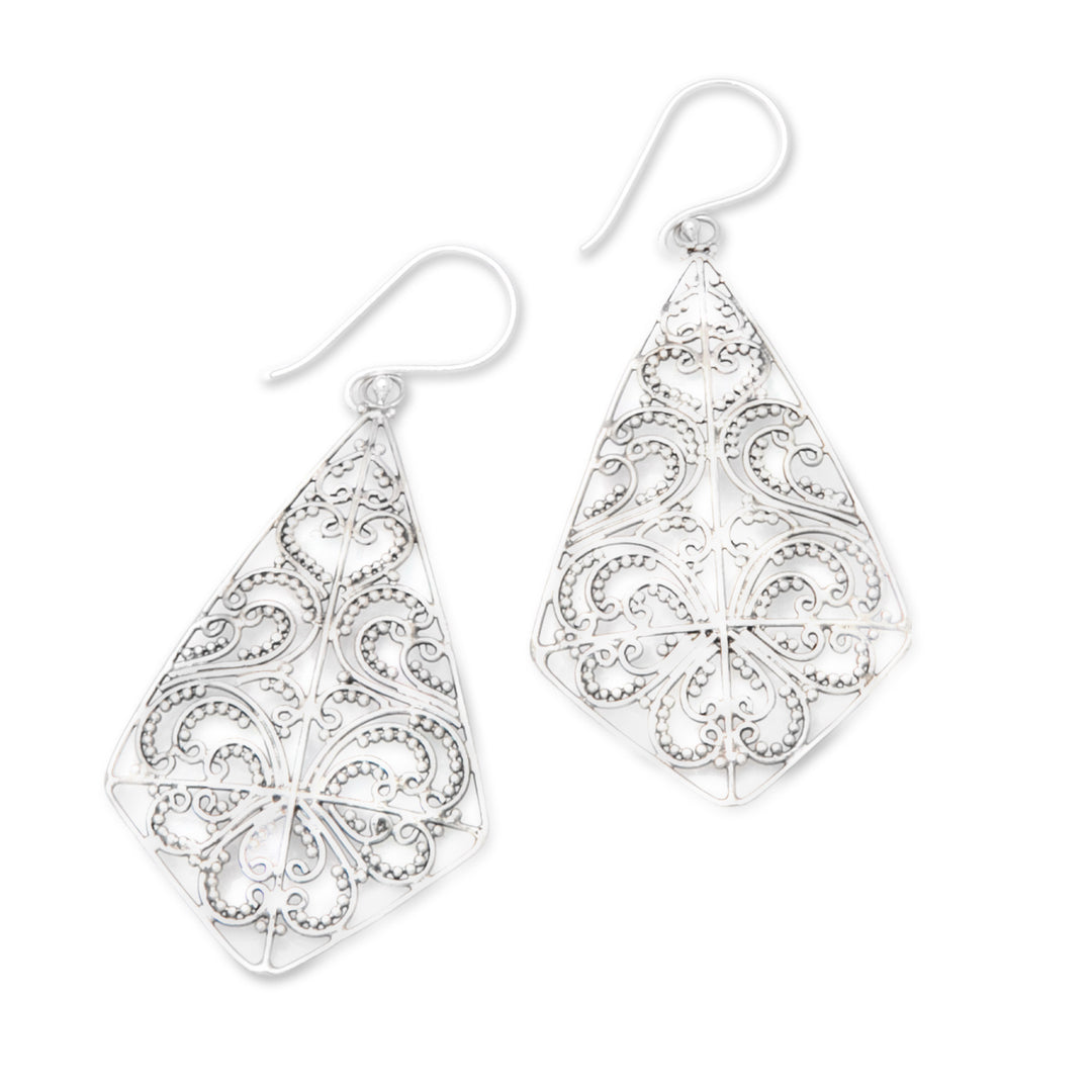 Polished Geometric Sterling Silver Filigree Dangle Earrings - Distinguished Dame