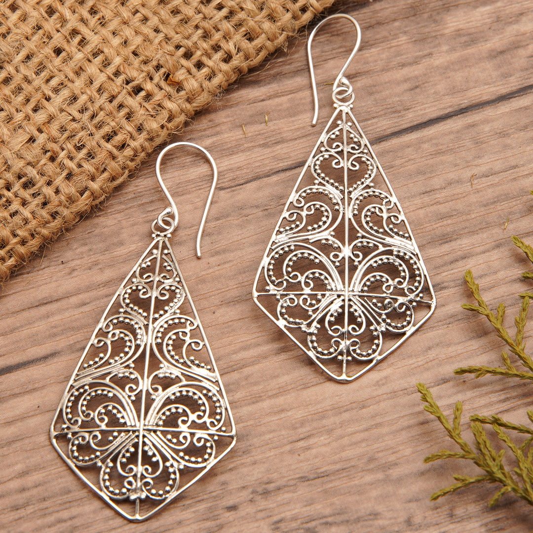 Polished Geometric Sterling Silver Filigree Dangle Earrings - Distinguished Dame