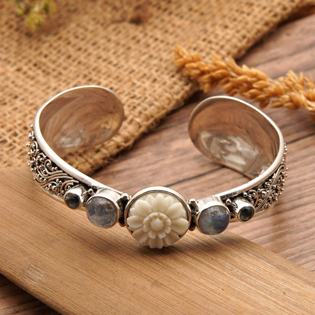 Traditional Blue Topaz and Rainbow Moonstone Cuff Bracelet - Charming Shades