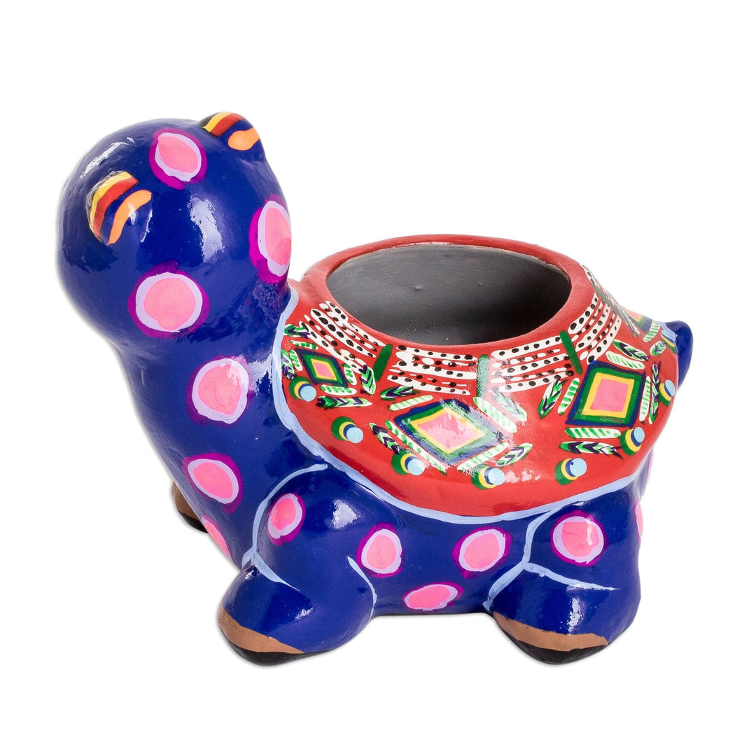 Hand-Painted Blue Ceramic Turtle Flower Pot from Guatemala - Herbaceous Turtle