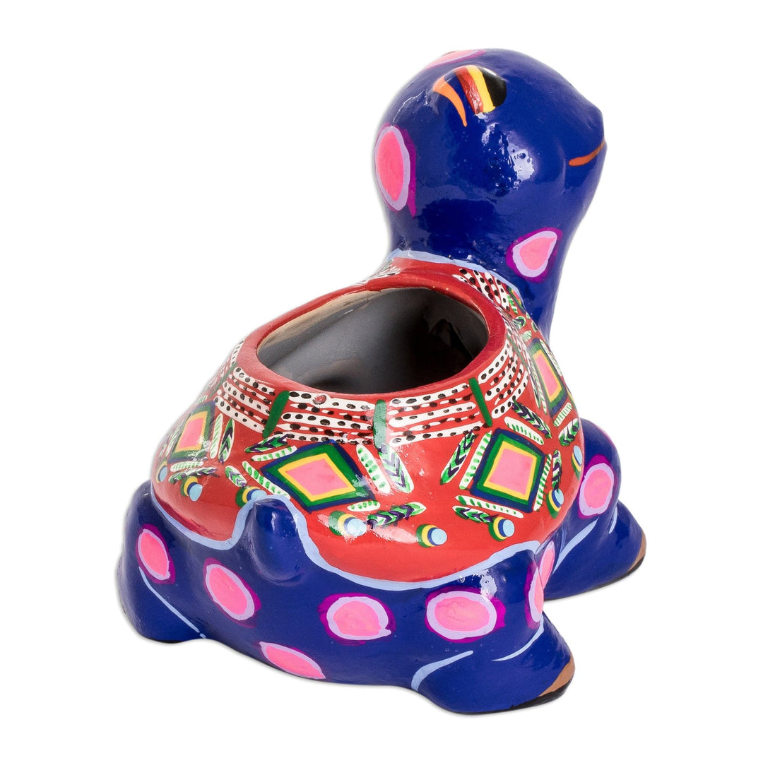 Hand-Painted Blue Ceramic Turtle Flower Pot from Guatemala - Herbaceous Turtle