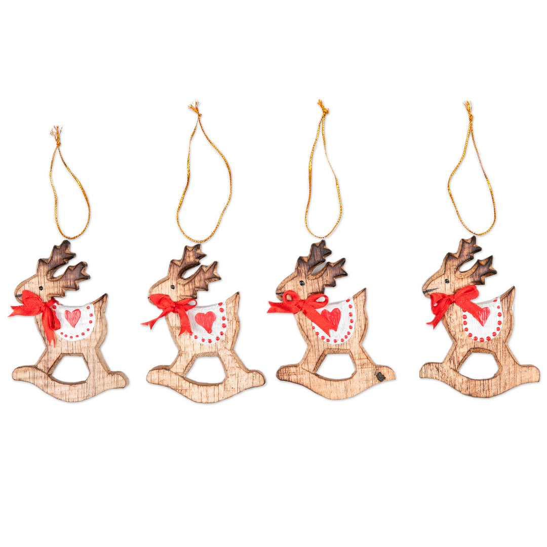 Handcrafted Albesia Wood Rocking Deer Ornaments (Set of 4) - Adorable Deer