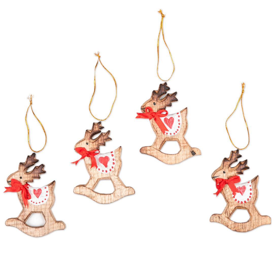 Handcrafted Albesia Wood Rocking Deer Ornaments (Set of 4) - Adorable Deer