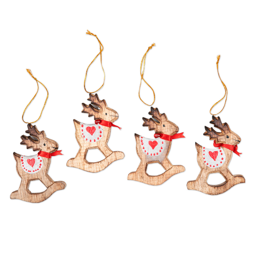 Handcrafted Albesia Wood Rocking Deer Ornaments (Set of 4) - Adorable Deer