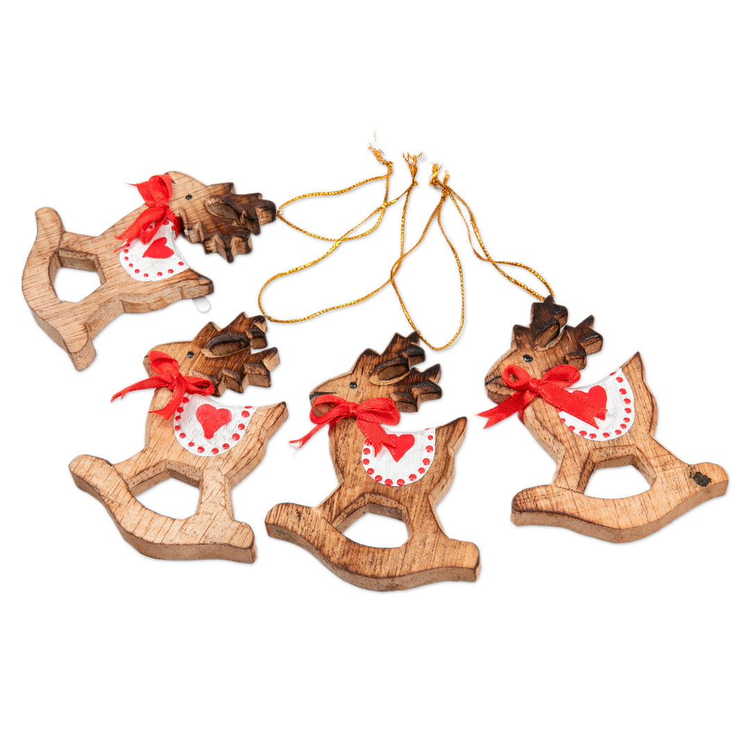 Handcrafted Albesia Wood Rocking Deer Ornaments (Set of 4) - Adorable Deer