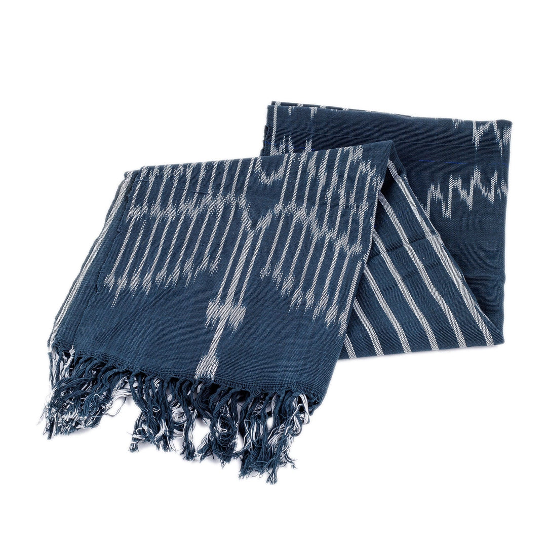 Handwoven Traditional Patterned Blue Cotton Scarf - Uzbekistan Waterfall in Blue