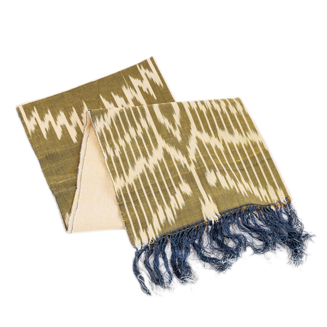Handwoven Traditional Patterned Yellow Cotton Scarf - Uzbekistan Waterfall in Yellow