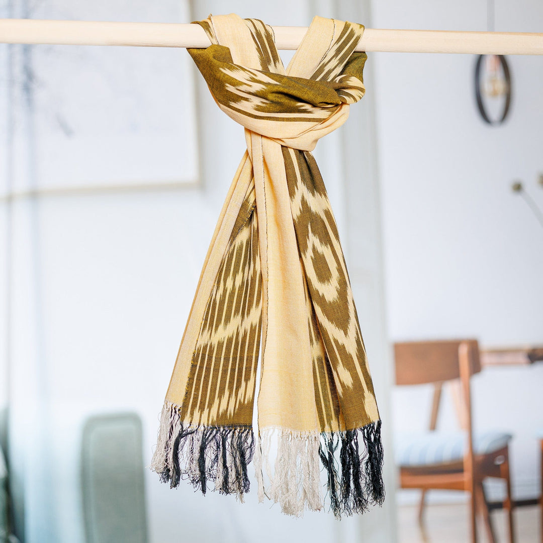 Handwoven Traditional Patterned Yellow Cotton Scarf - Uzbekistan Waterfall in Yellow