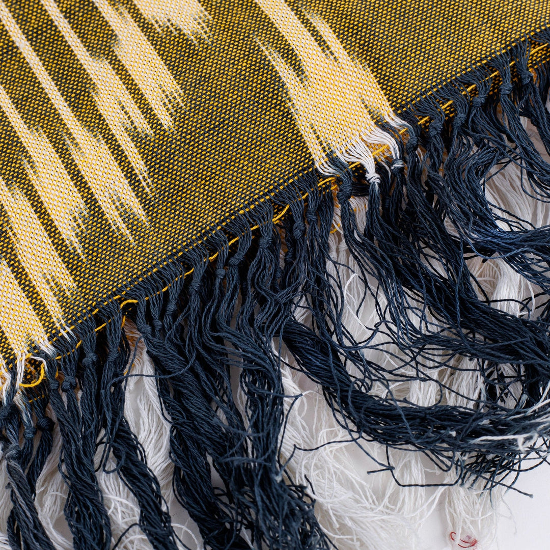 Handwoven Traditional Patterned Yellow Cotton Scarf - Uzbekistan Waterfall in Yellow