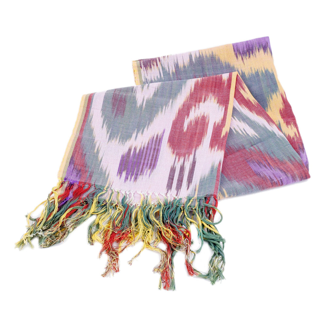 Classic Fringed Cotton Ikat Scarf Handwoven in Uzbekistan - Symphony of Sweetness