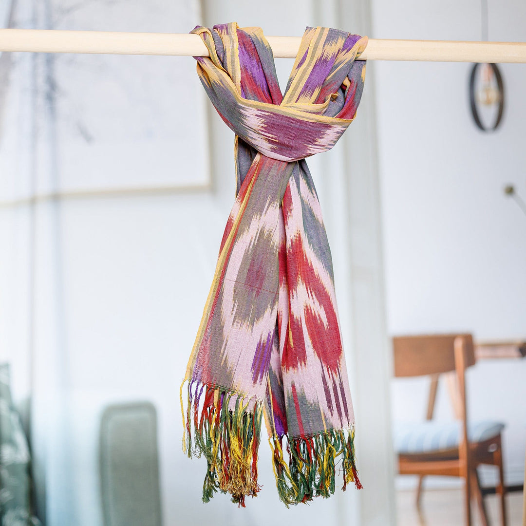 Classic Fringed Cotton Ikat Scarf Handwoven in Uzbekistan - Symphony of Sweetness