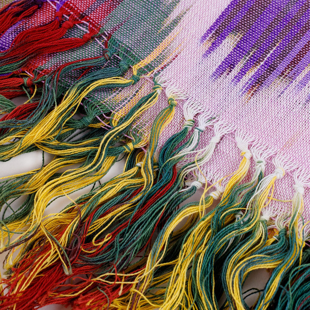 Classic Fringed Cotton Ikat Scarf Handwoven in Uzbekistan - Symphony of Sweetness