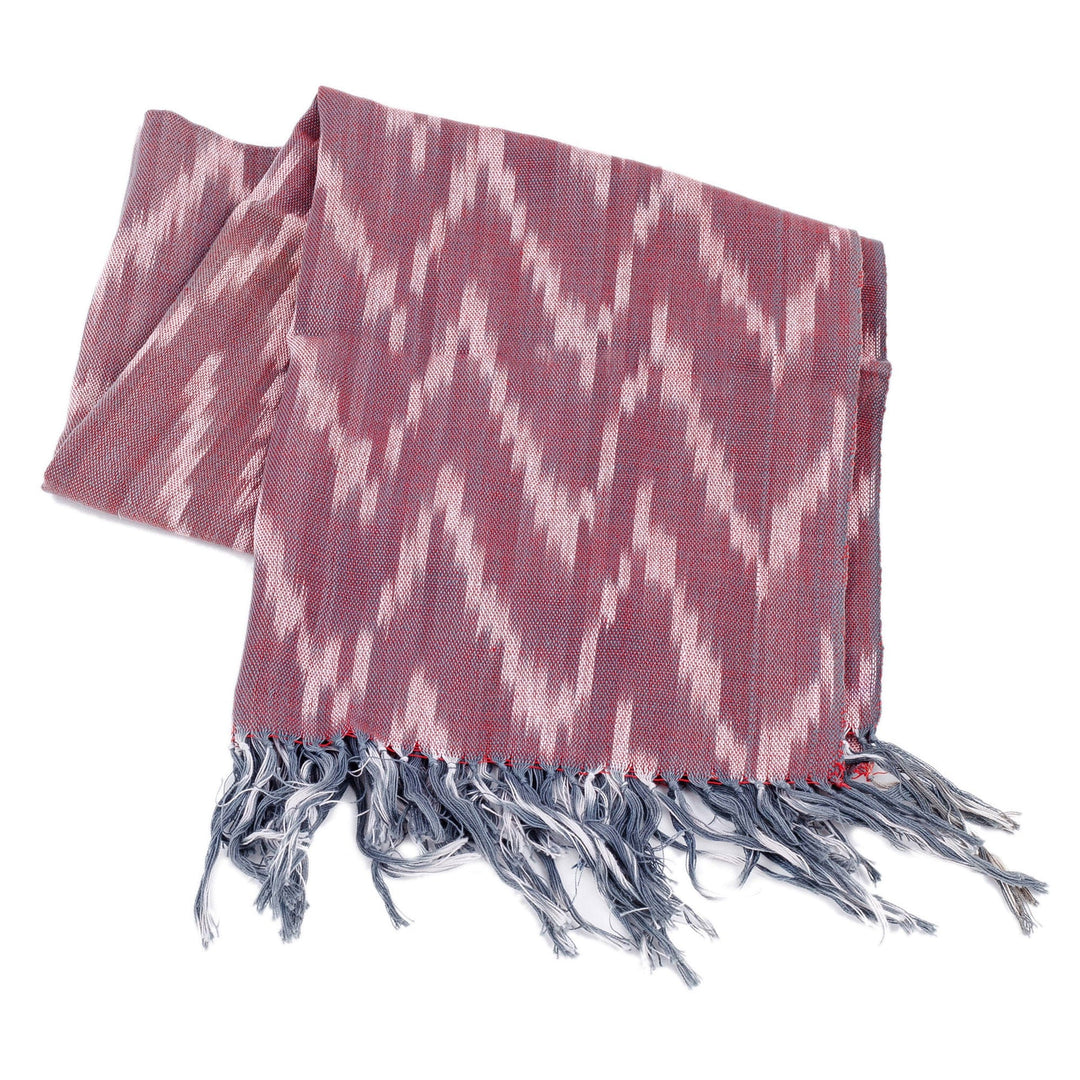 Handwoven Ikat Patterned Red Cotton Scarf with Fringes - Red Frequencies