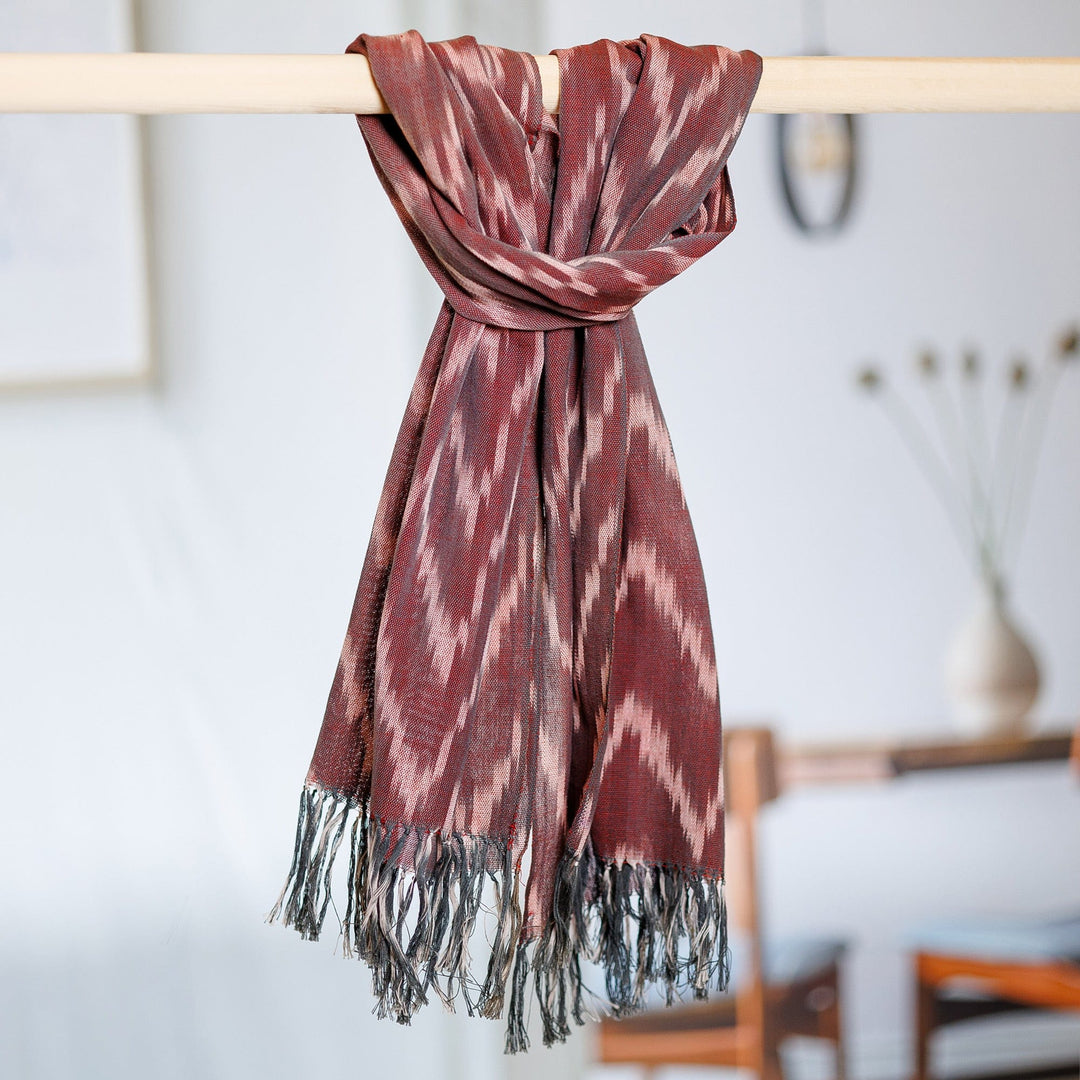 Handwoven Ikat Patterned Red Cotton Scarf with Fringes - Red Frequencies
