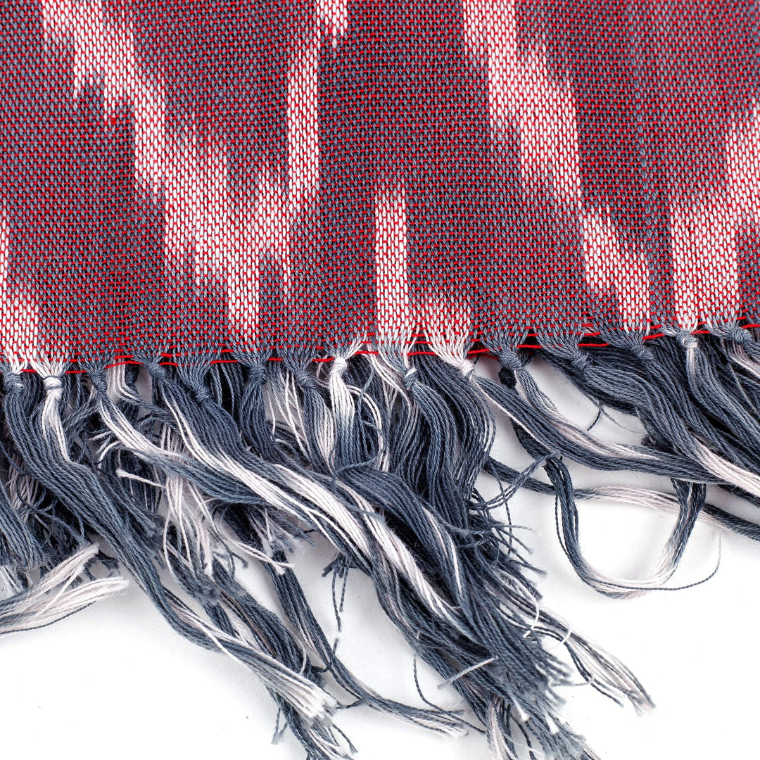 Handwoven Ikat Patterned Red Cotton Scarf with Fringes - Red Frequencies